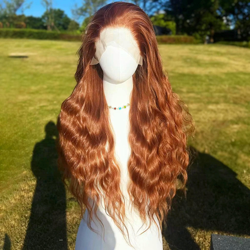 Perruque longue lacet roux : cosplay résistant à la chaleur orange cuivré
